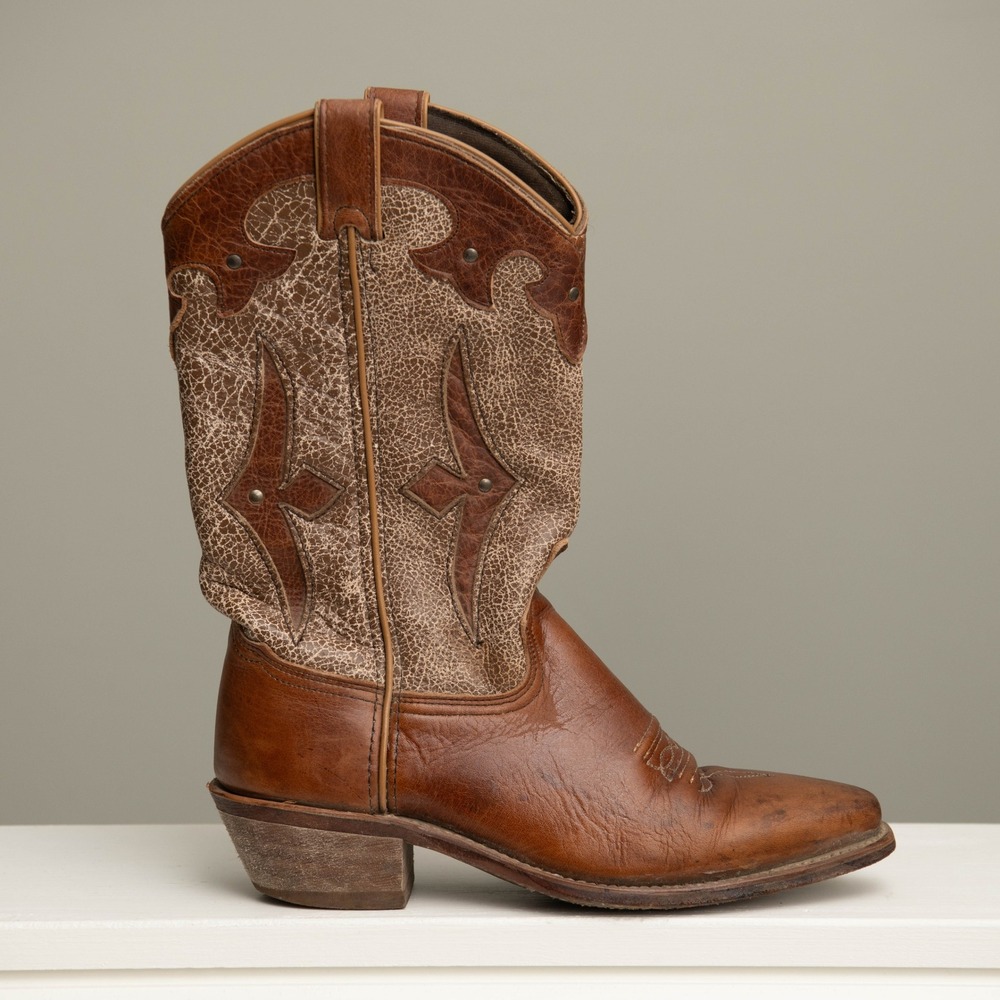 VTG Cowboy Boots Sz 8 Brown Leather Western Cowgirl Rodeo Festival Rustic Boho
